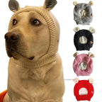 Yellow Labrador wearing beige knitted dog ear muffs, with grey, black, pink, and red options shown