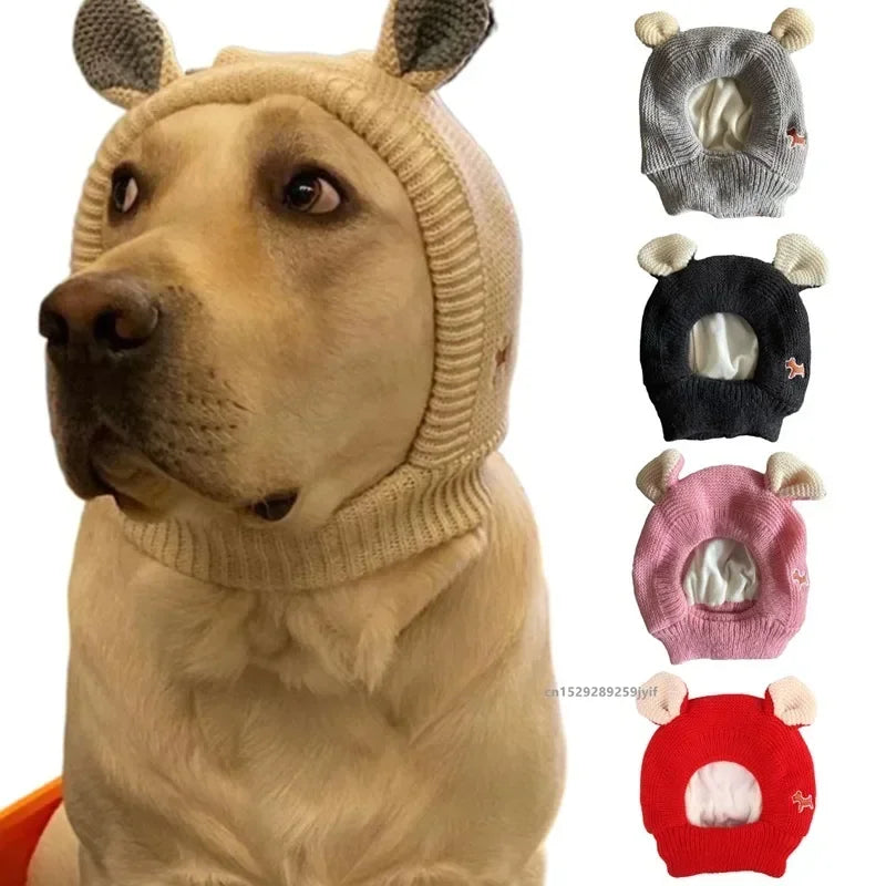 Yellow Labrador wearing beige knitted dog ear muffs, with grey, black, pink, and red options shown