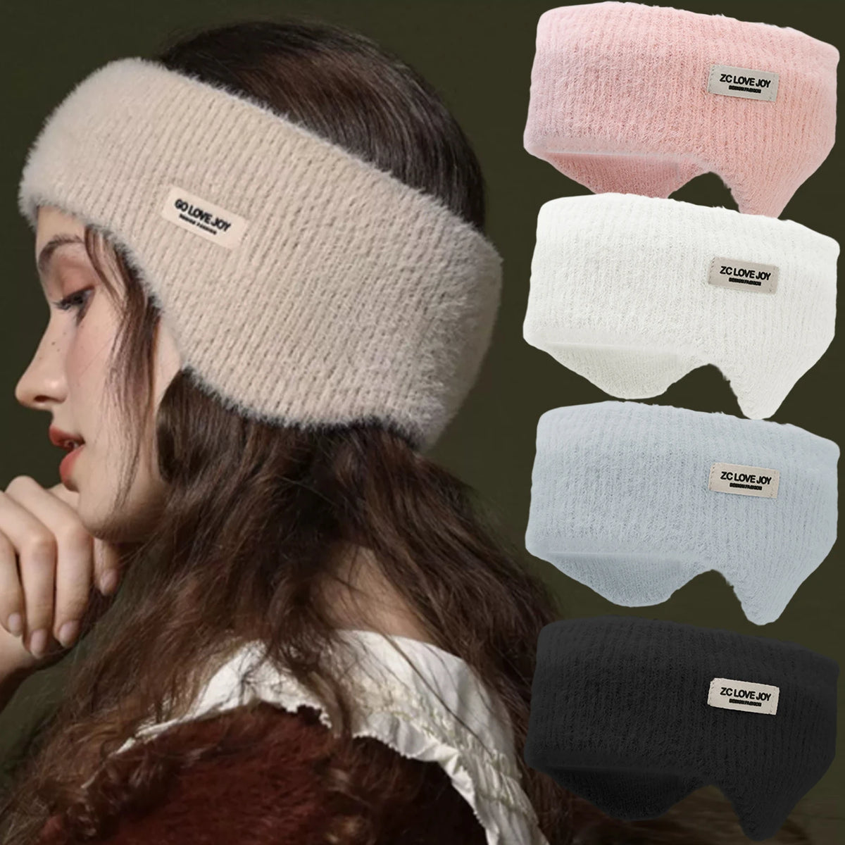 Woman wearing a beige knit ear warmer headband, with pink, white, gray, and black color options shown
