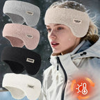 Woman wearing a beige winter ear warmer headband outdoors, with other colors shown on the left