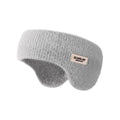 Light grey knit winter ear warmer headband with a small sewn tag, shown against a white background