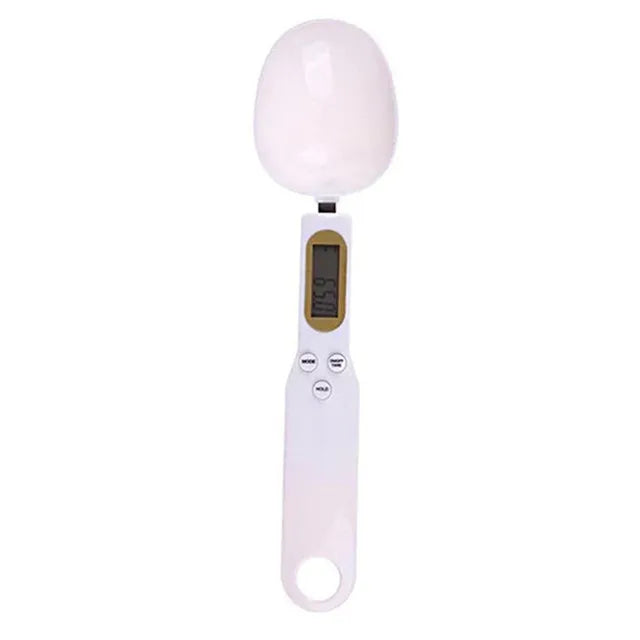 White digital measuring spoon scale with LCD display and control buttons, shown on white background