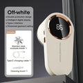 Off-white rechargeable lint remover with digital LED display, close-up view on a gray surface