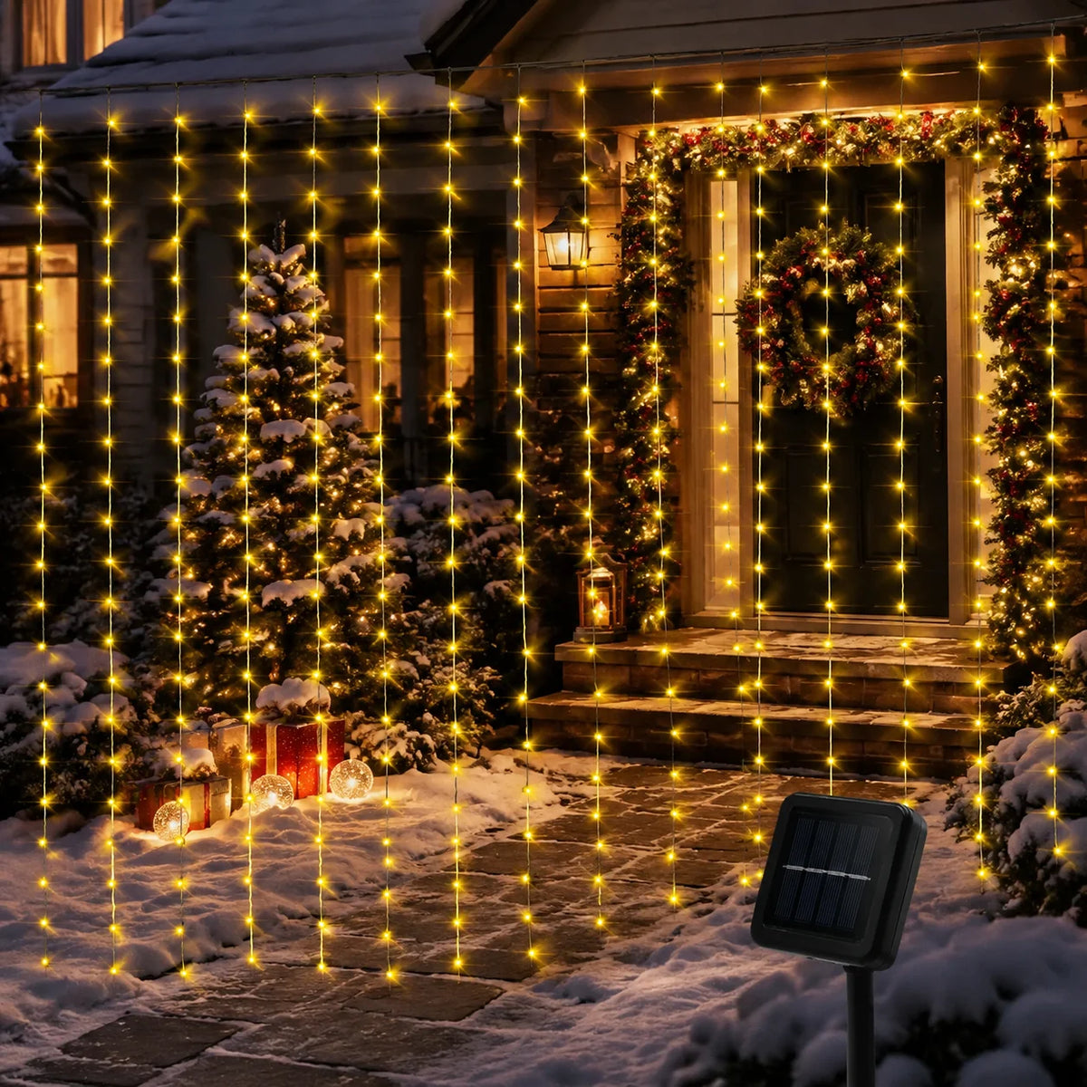 Warm yellow solar curtain string lights hanging on a snowy house front porch, illuminated at night