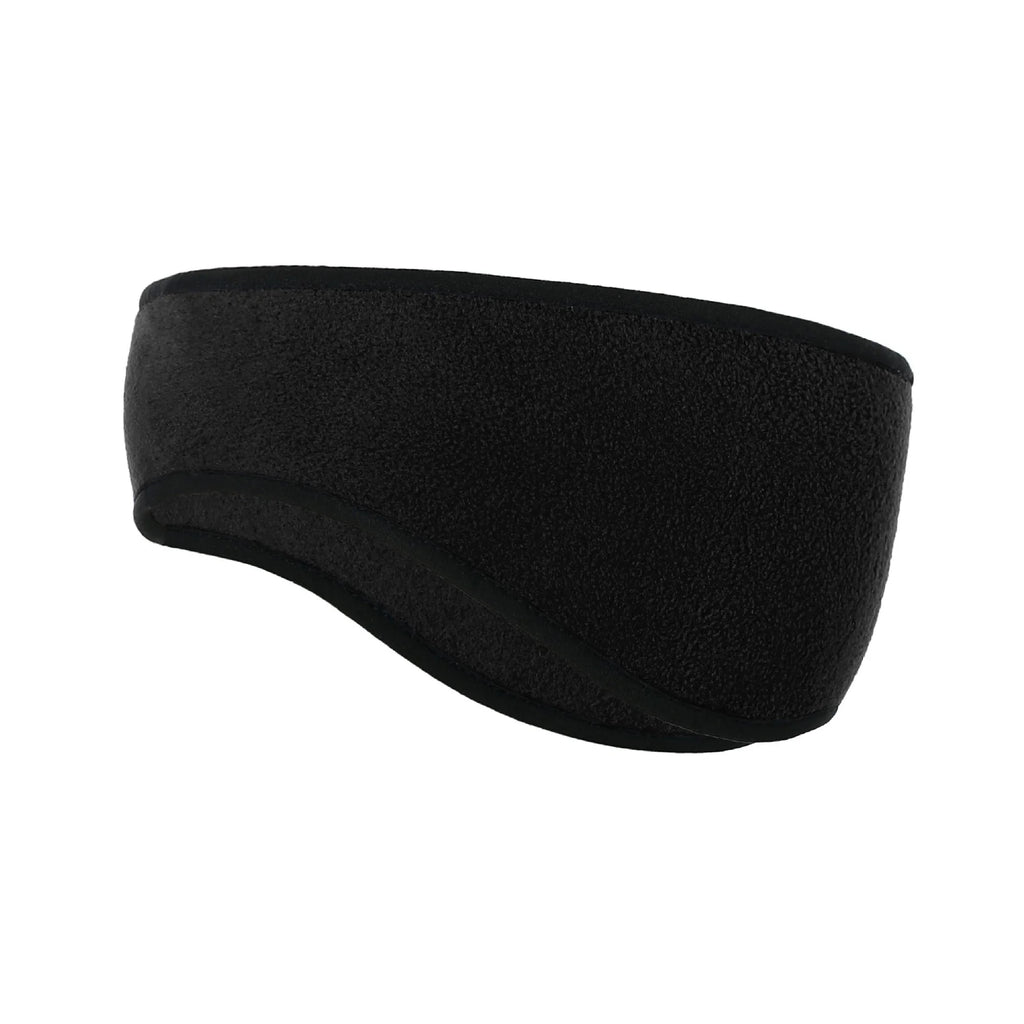 Black fleece ear warmer headband shown on a plain white background, angled side view