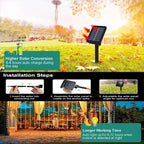 Solar panel staked in grassy yard and warm curtain string lights hanging around outdoor patio at night