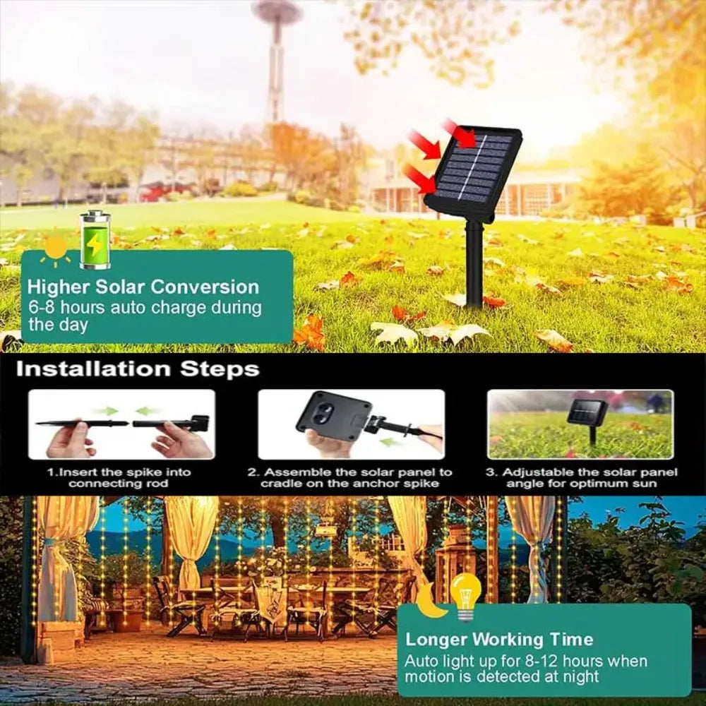 Solar panel staked in grassy yard and warm curtain string lights hanging around outdoor patio at night