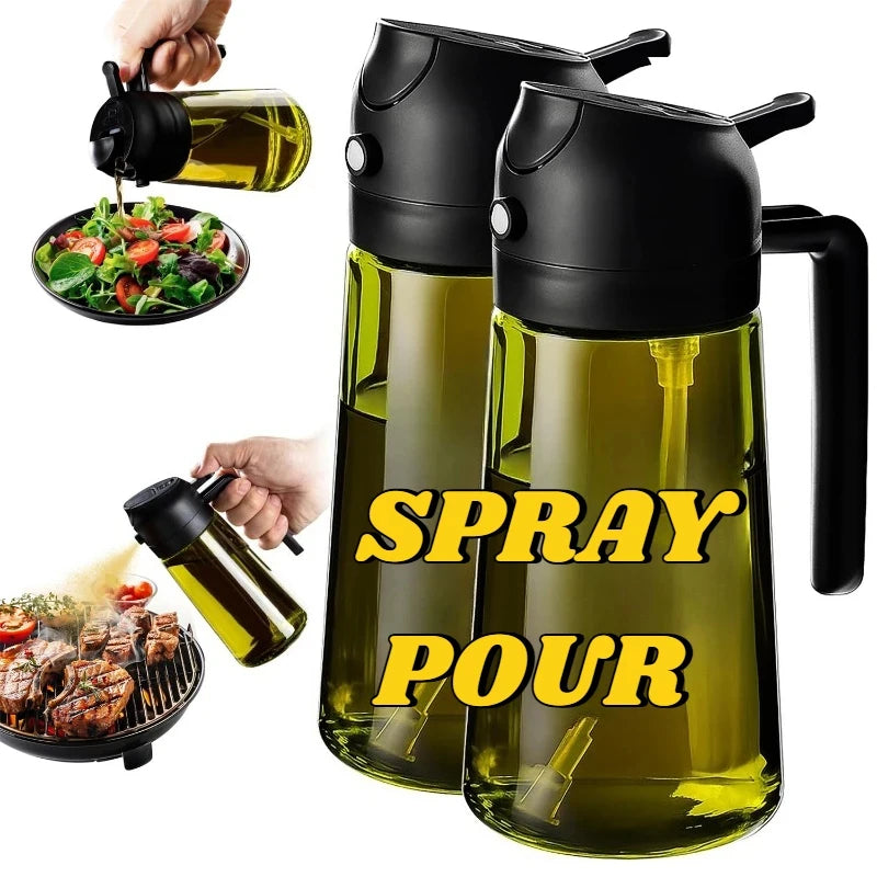 Two clear oil bottles with black lids and handles, shown pouring on salad and spraying on grilled food