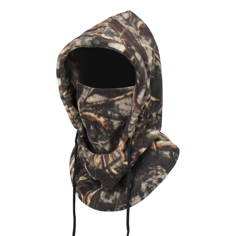 Fleece balaclava in brown and black camouflage pattern, hooded with drawstrings, front view