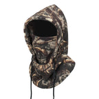 Fleece balaclava in brown and black camouflage pattern, hooded with drawstrings, front view