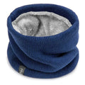 Dark blue knitted neck warmer with soft grey fleece lining, shown standing on a white background