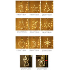 Nine hanging LED ornaments in various shapes, glowing warm white, shown with size measurements