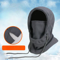 Gray fleece winter balaclava with drawstrings shown upright, close-up of fabric detail inset