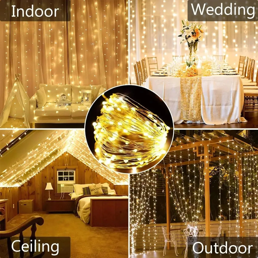 Warm white solar curtain string lights used for indoor, wedding, ceiling, and outdoor decorations