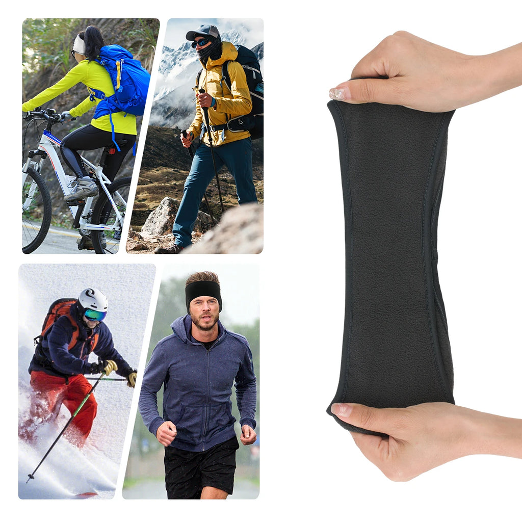 Black fleece ear warmer headband held stretched by two hands, with four photos of people wearing it while cycling, hiking, skiing, and running