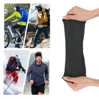 Black fleece ear warmer headband held stretched by two hands, with four photos of people wearing it while cycling, hiking, skiing, and running