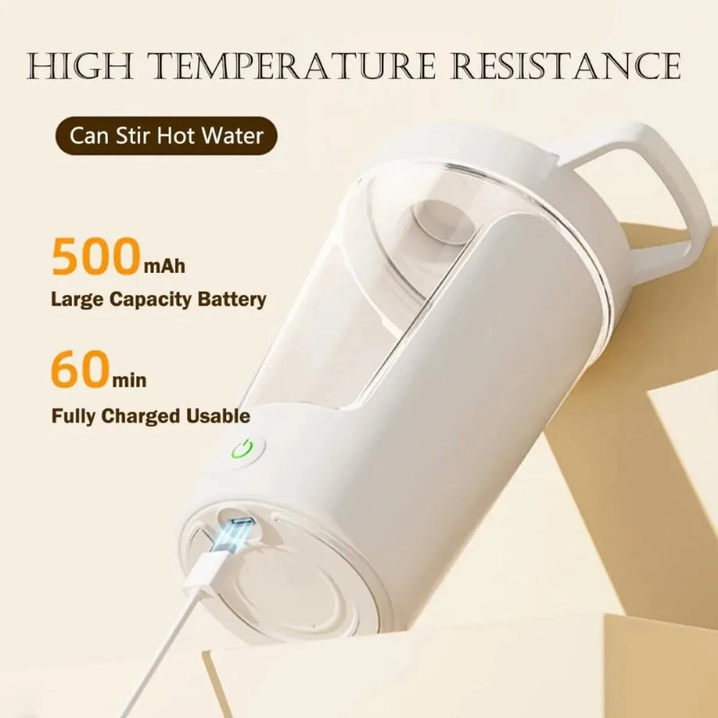 White electric protein shaker cup with a transparent body, USB charging, shown on a beige surface