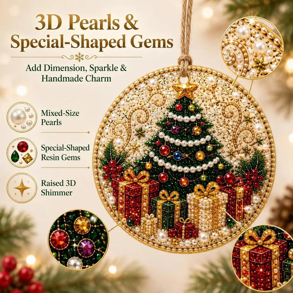 Round hanging ornament featuring a gem-studded Christmas tree with presents, pearls, and gold details