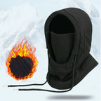 Black fleece winter balaclava with drawstrings, shown on a snowy background and a fire graphic