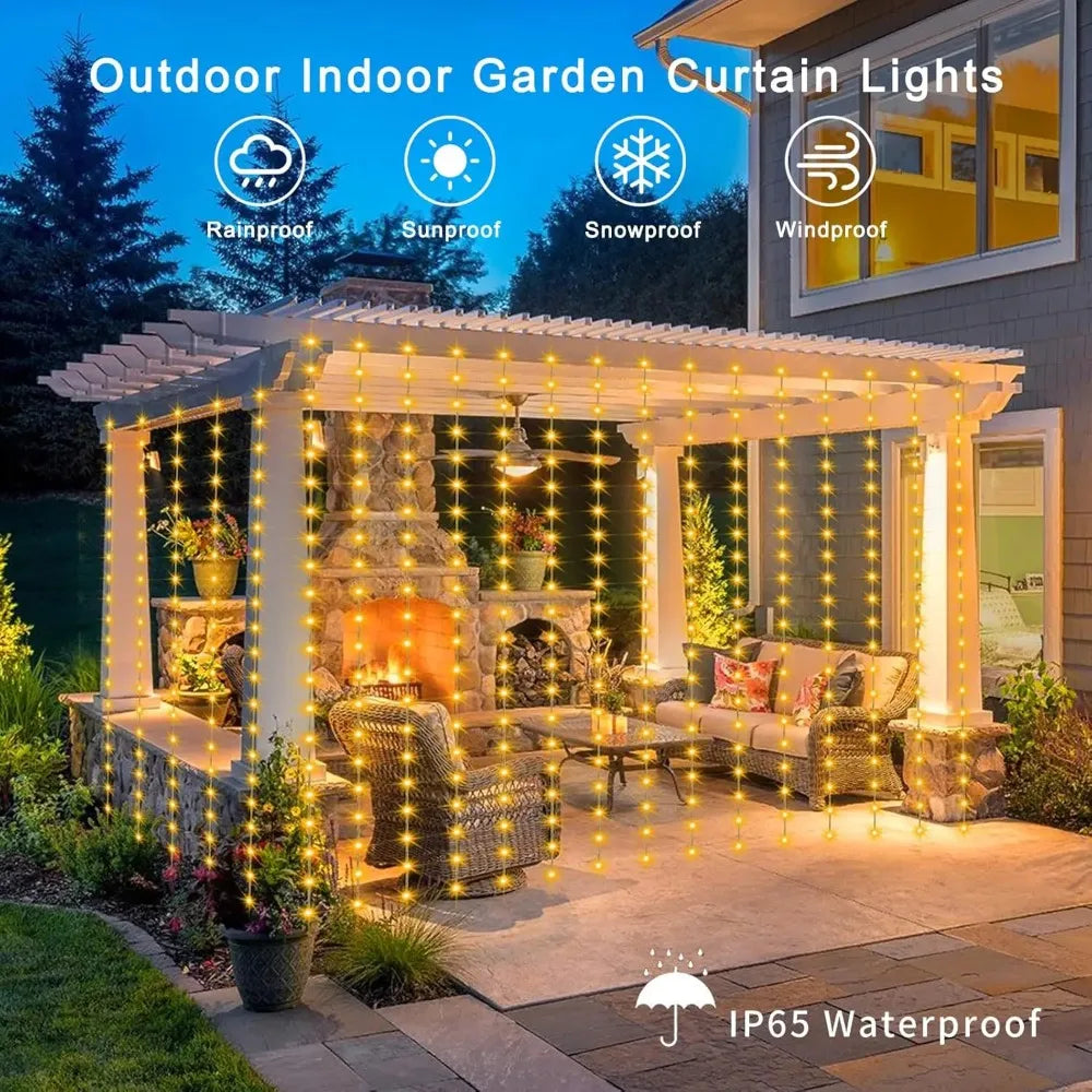 Warm white curtain string lights hanging on a white outdoor pergola with patio furniture at dusk