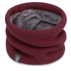 Burgundy knitted neck warmer with soft gray fleece lining, shown standing upright on a white background