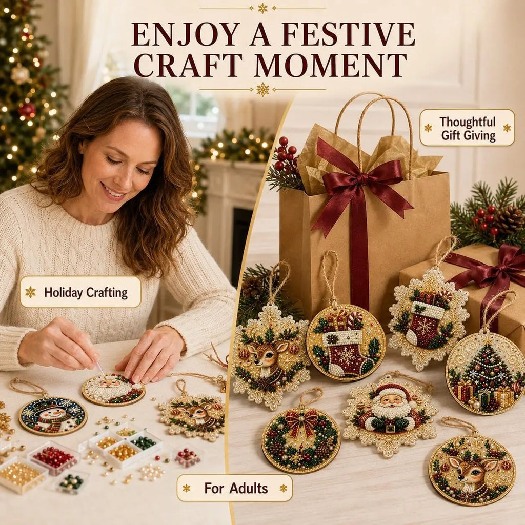 Woman crafting pearl art Christmas ornaments with beads on a table, finished ornaments shown beside gift bags