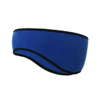 Blue fleece ear warmer headband with black trim, shown from the side on a white background