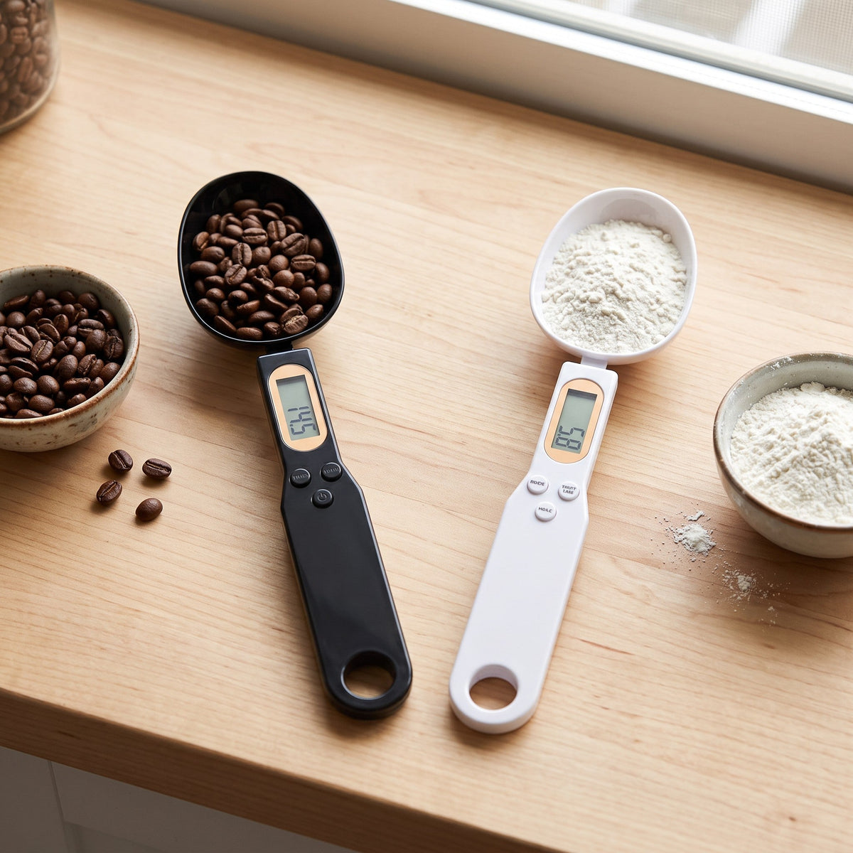 Black and white digital measuring spoons with LCD screens, holding coffee beans and flour on a wooden counter