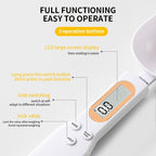 White digital measuring spoon scale with LCD display and three buttons, shown close-up on a white surface