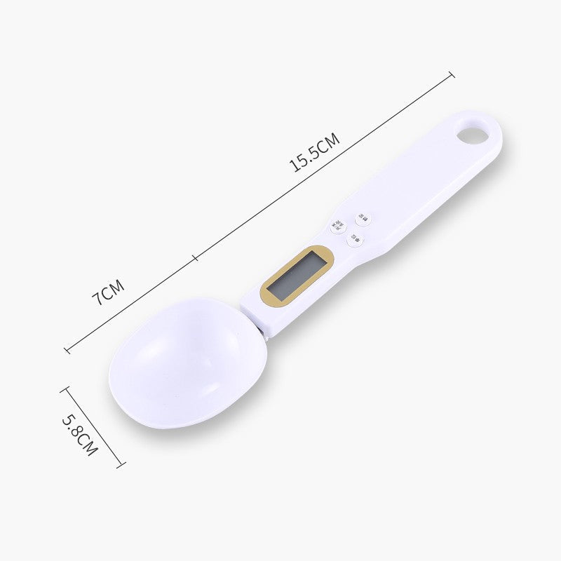 White digital measuring spoon scale with LCD screen and control buttons, size dimensions marked