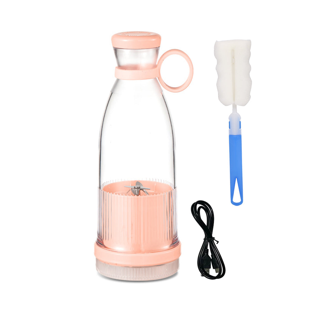 Clear and pink portable juice blender bottle with a sponge brush and black USB charging cable