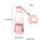 Pink portable juice blender bottle with measurements, showing blade inside and close-up of bottle opening