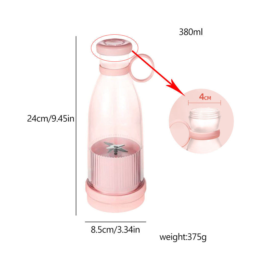 Pink portable juice blender bottle with measurements, showing blade inside and close-up of bottle opening