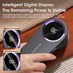 Black and purple rechargeable lint remover with LED display, shown in hand on fabric surface