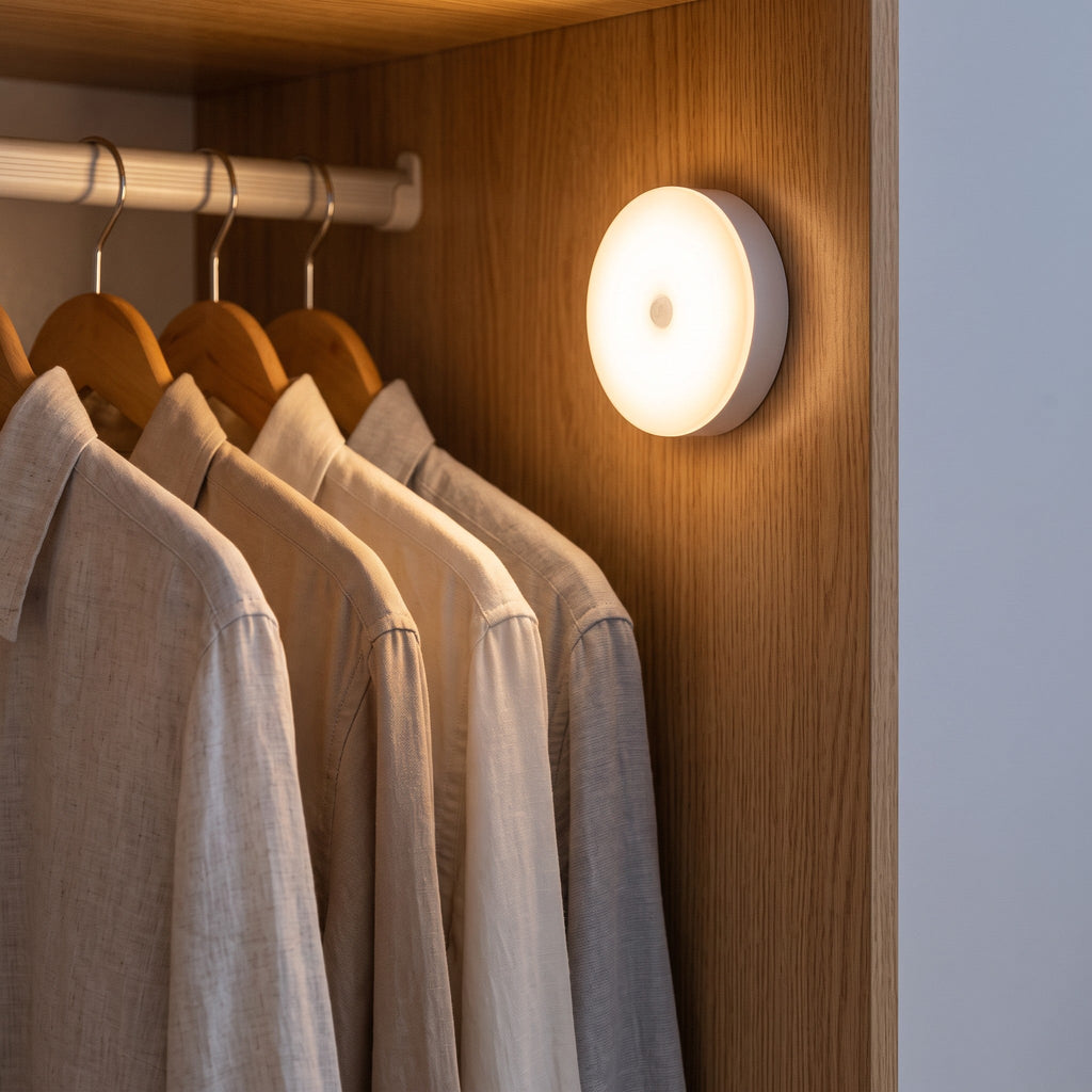 Round white night light mounted in a wooden closet, illuminating hanging beige shirts