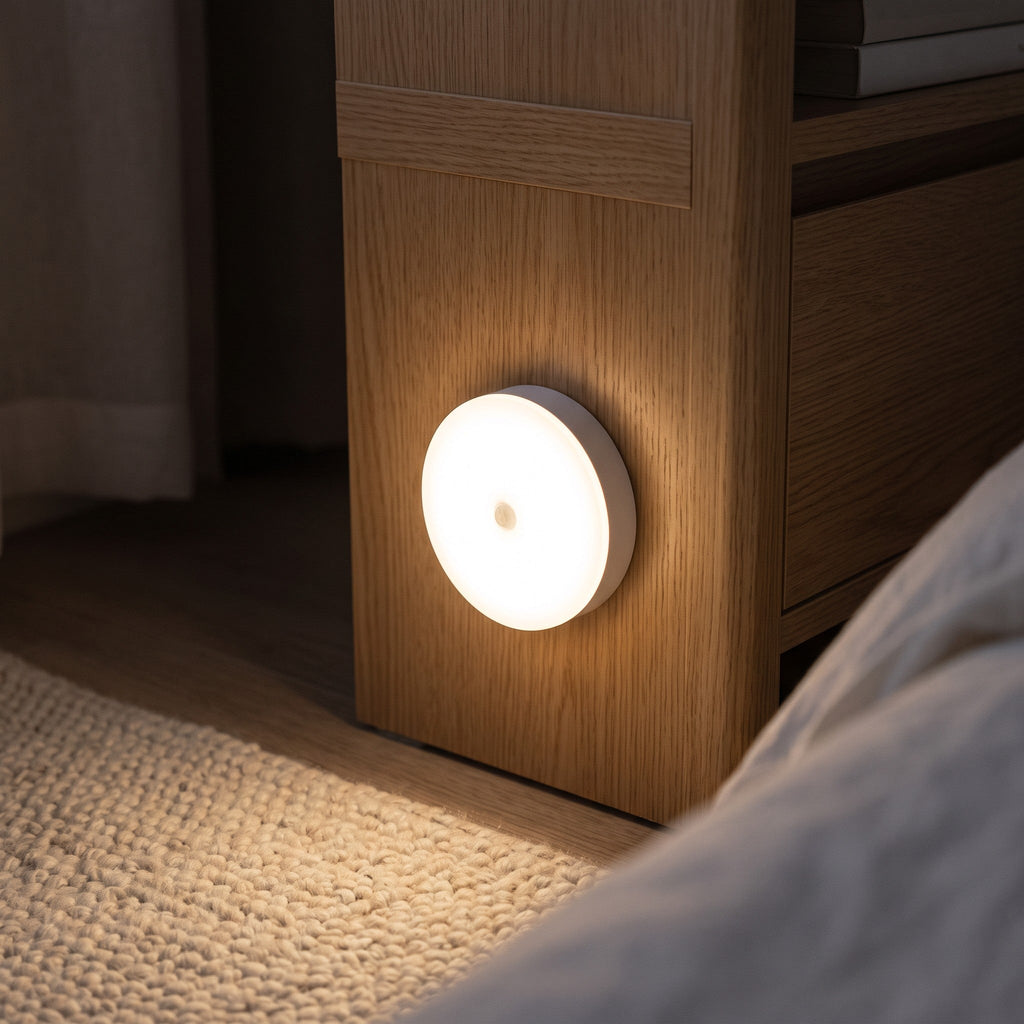 Round white night light attached to a wooden bed frame, softly illuminating a nearby rug