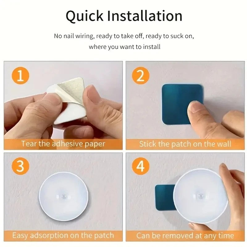 Step-by-step installation guide showing hands applying a white night light and blue patch to a wall