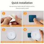 Step-by-step installation guide showing hands applying a white night light and blue patch to a wall